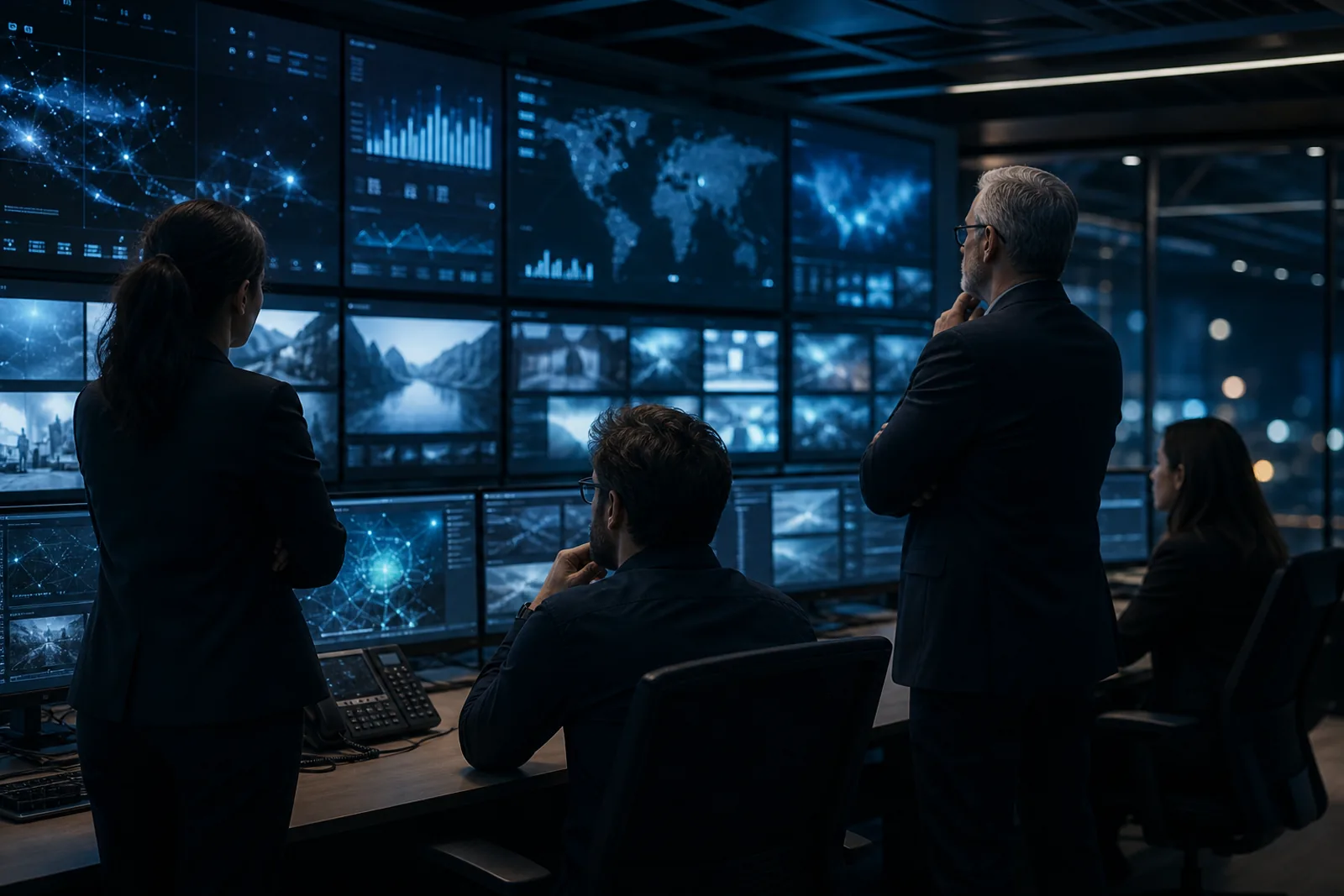A senior operating team in a streaming control room