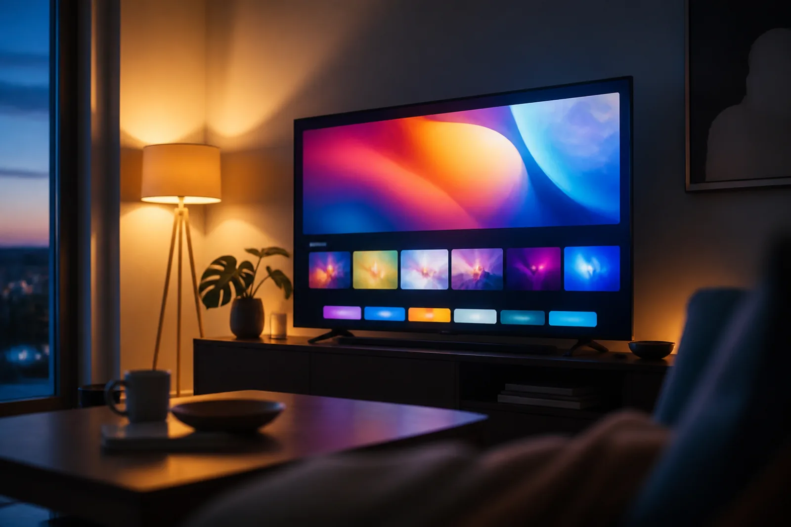 A living room television on a streaming home screen